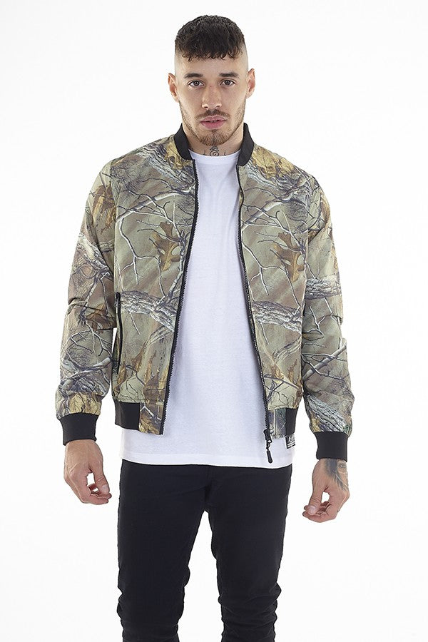 Woodland Print Bomber Jacket With Ribbed Details