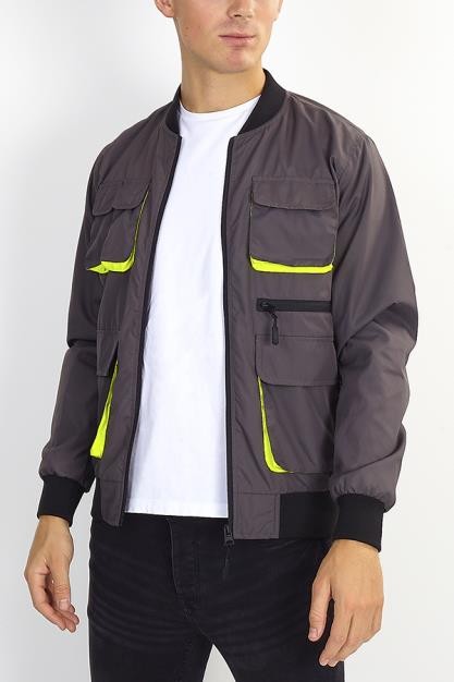 Multiple Pocket Utility Bomber Jacket With Neon Details