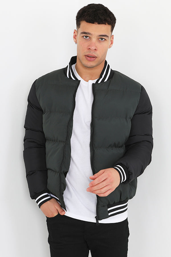Black/Khaki Contrast Sleeve Puffer Varsity Coat