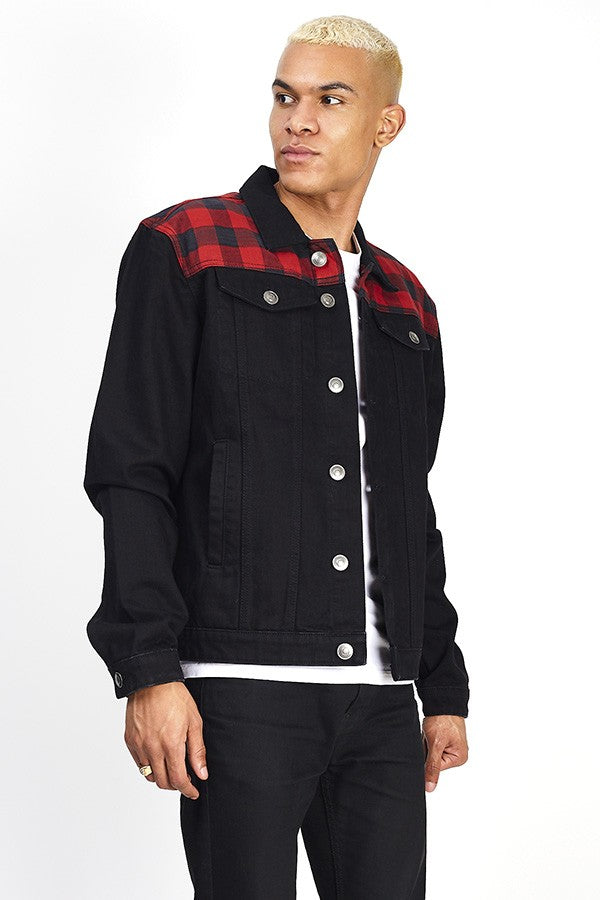 Black Denim Jacket With Checked Print