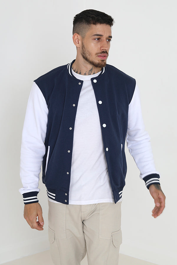 Black Ribbed Trim Popper Fastened Varsity Jacket