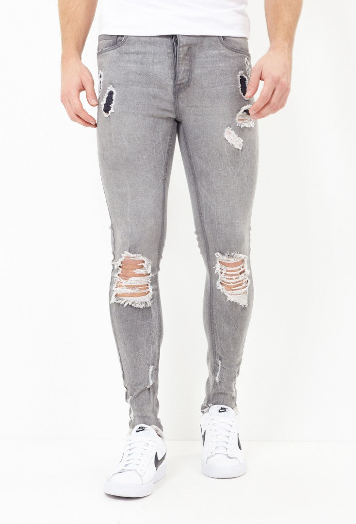 Dark Grey Wash Skinny Ripped Jeans