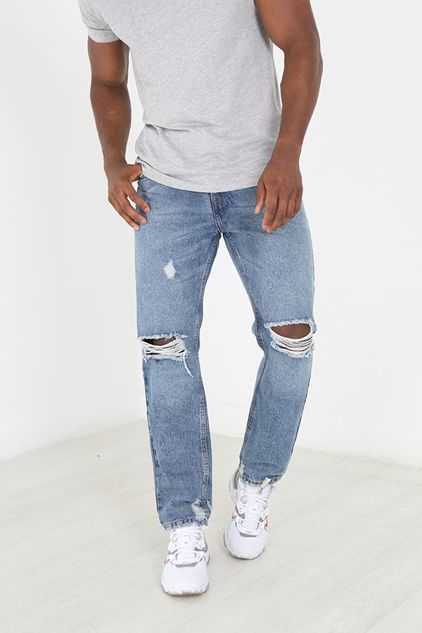 Blue Wash Loose Fit Full Length Ripped Denim Jeans
