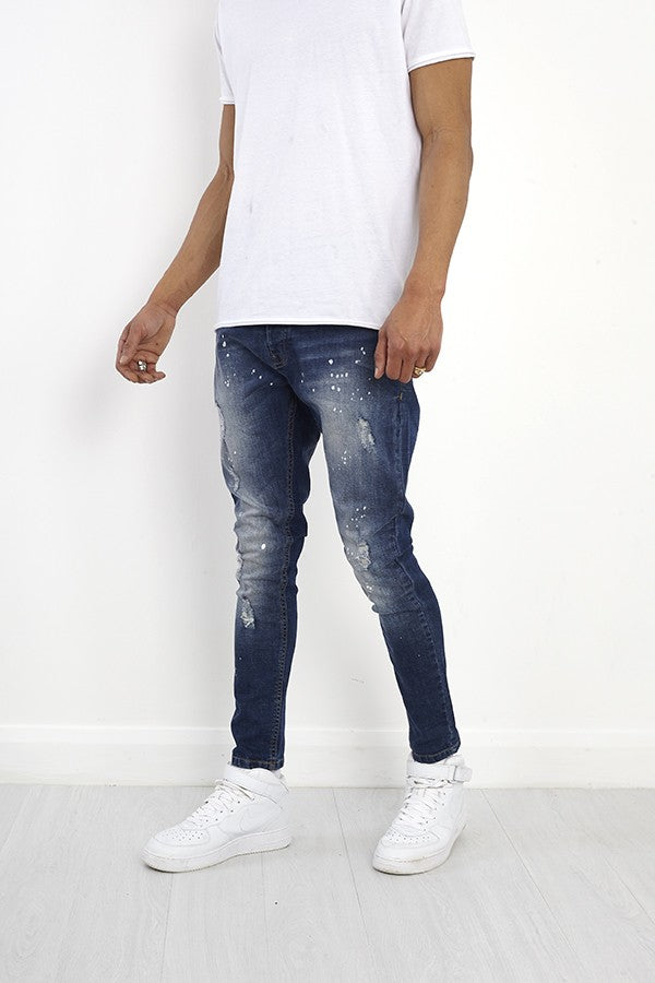 Dark Blue Wash Paint Splat Detail Ripped Denim Jeans
