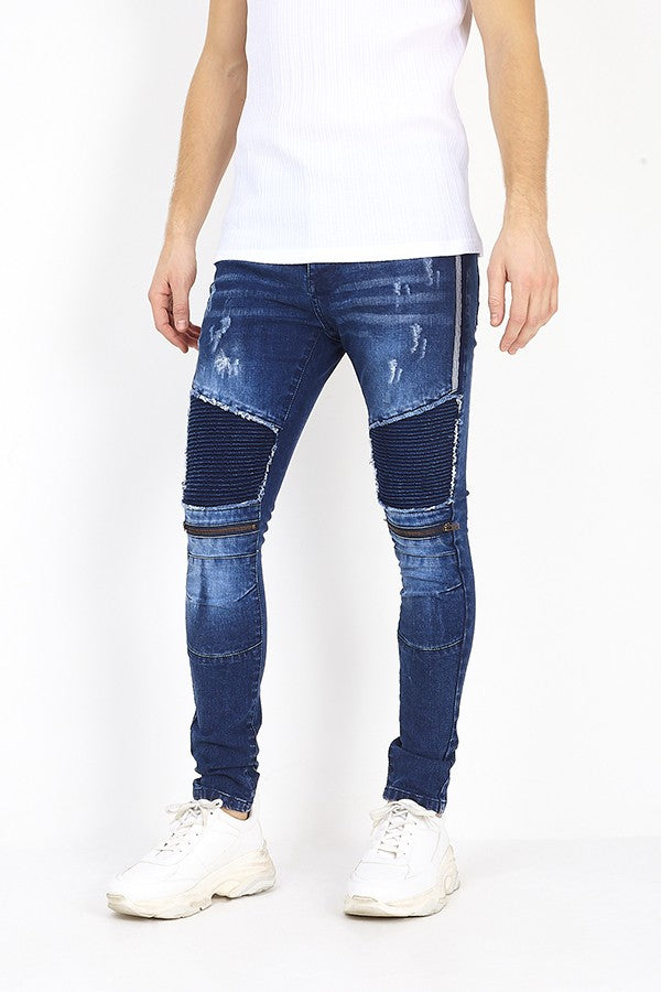 Dark Blue Zip Knee Biker Panel Skinny Jeans