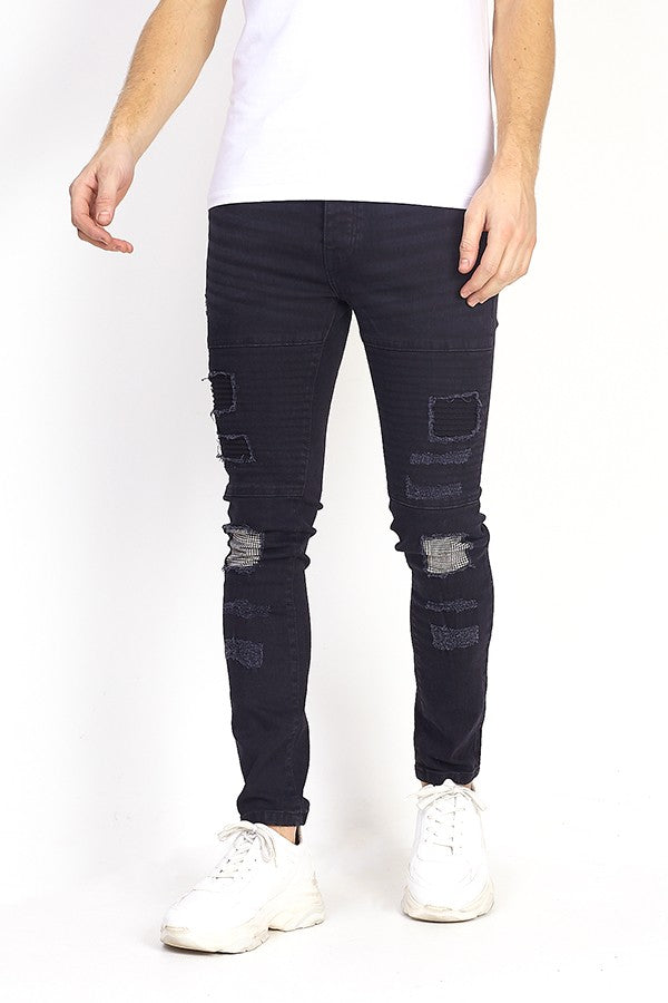Patch Detail Biker Style Charcoal Skinny Jeans
