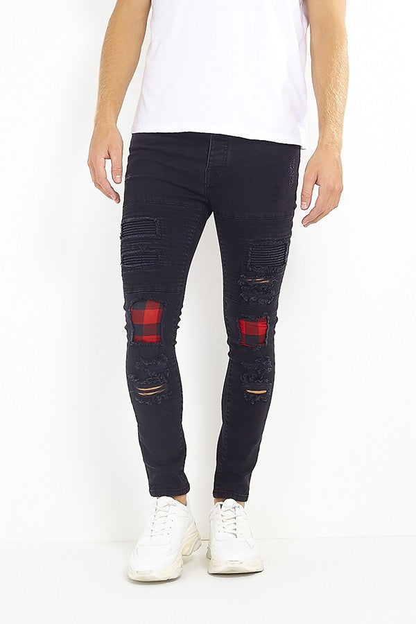 Lumberjack Check Patch Detail Charcoal Skinny Jeans