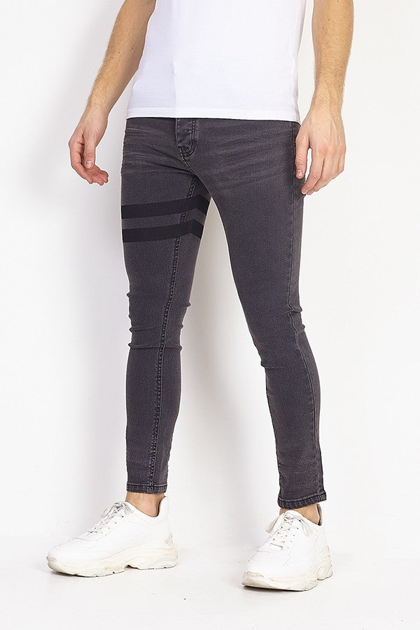 Charcoal Wash Skinny Fit Jean Black Printed Horizontal Lines