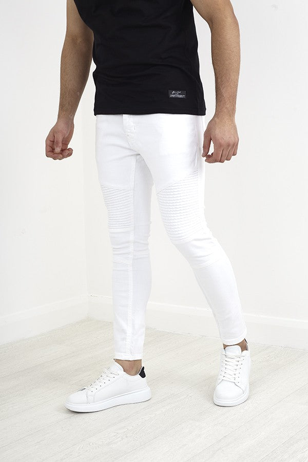 White Biker Style Stitch Detail Skinny Denim Jeans