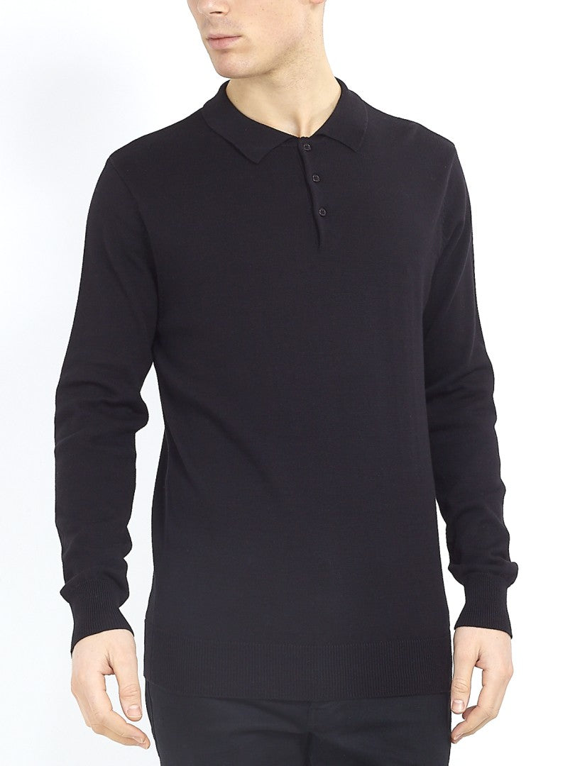 Plain Black Long Sleeve Knitted Polo Shirt