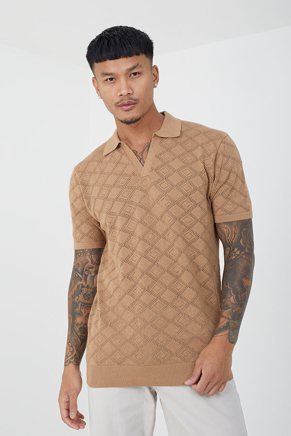Short Sleeved Open Collar Knitted Polo With Ribbed Hem