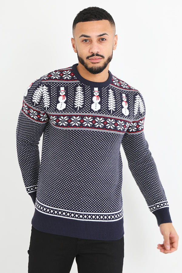 Navy/White Snowman Tree Fairisle Knitted Jumper