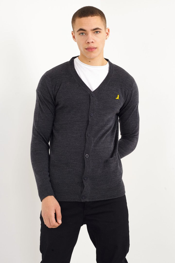 Plain Button Through Chest Emblem Knit Cardigan