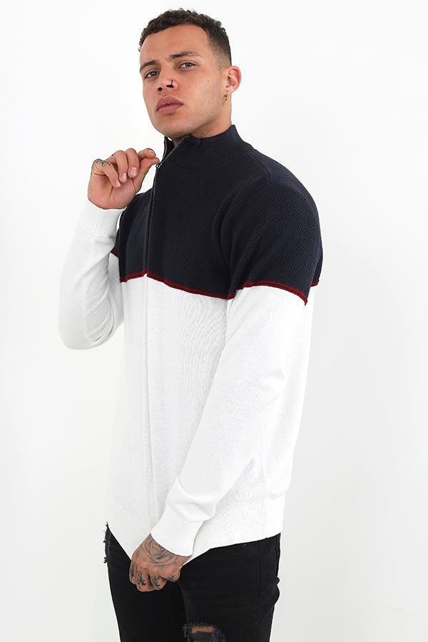 Colour Block Zip Up Funnel Neck Jumper