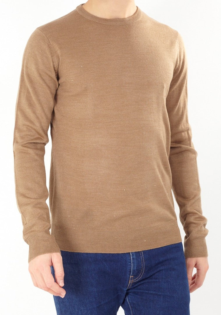Plain Beige Long Sleeve Crew Neck Jumper