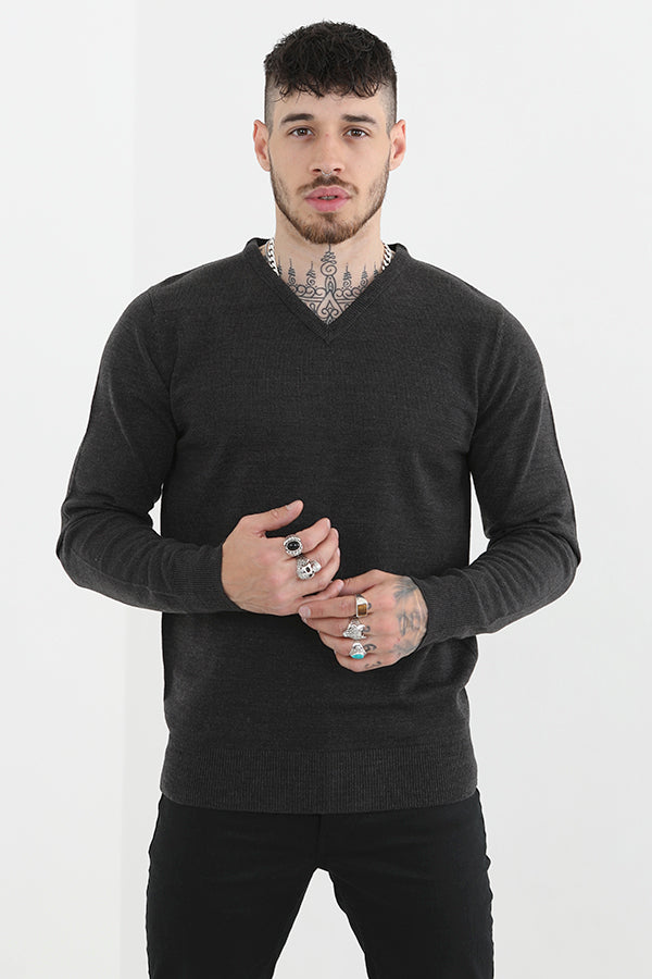 Plain V Neck Long Sleeve Knitted Jumper