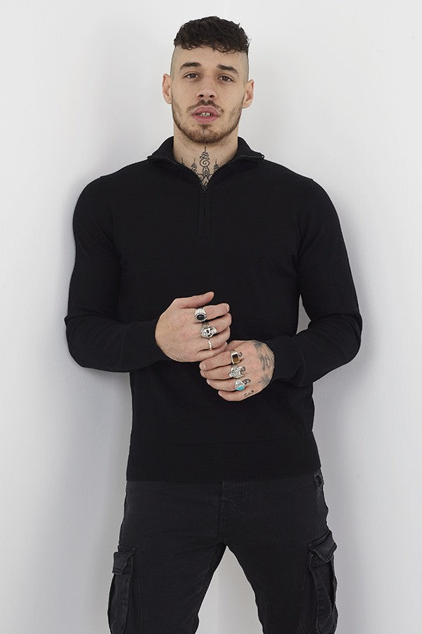 Black Zip Up Detail Funnel Neck Jumper