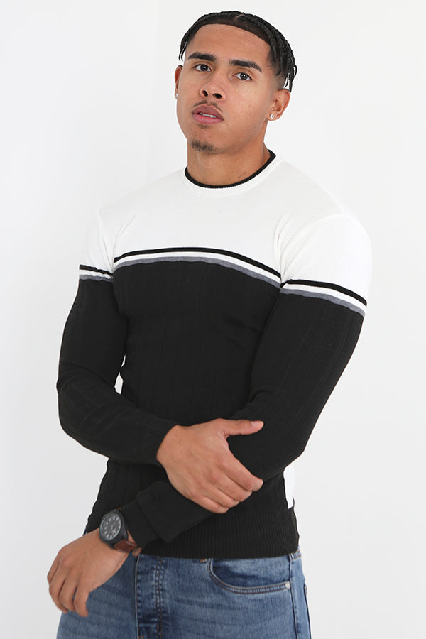 Crew Neck Striped Panel Detail Knit Jumper