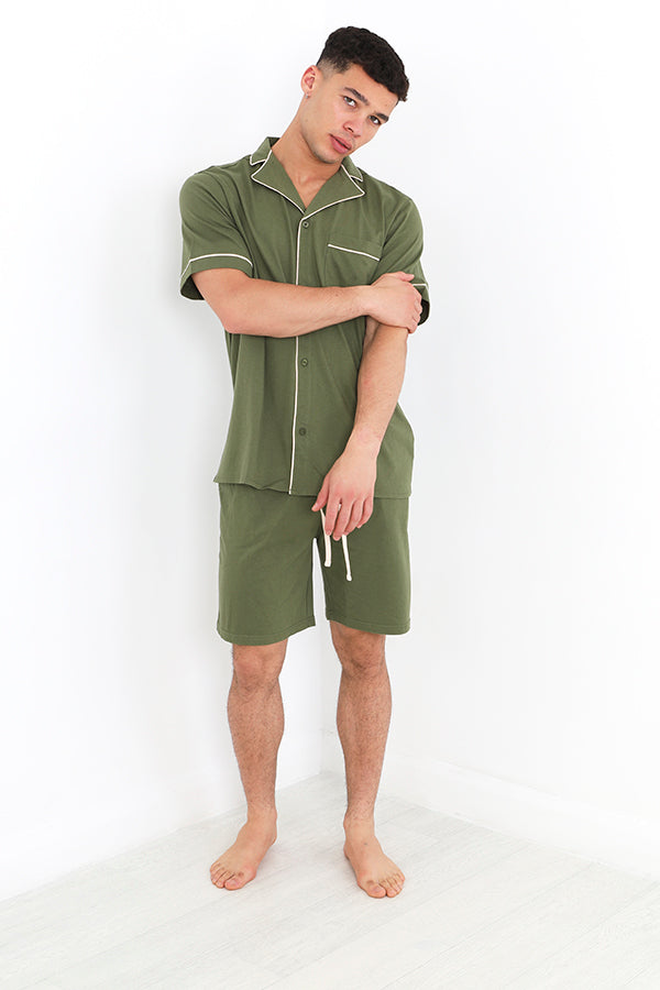 Khaki Button Through Short Jersey Pyjama Set