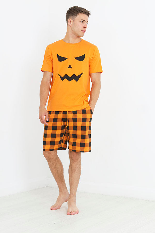 Checked Pumpkin Print Halloween Pyjama Set