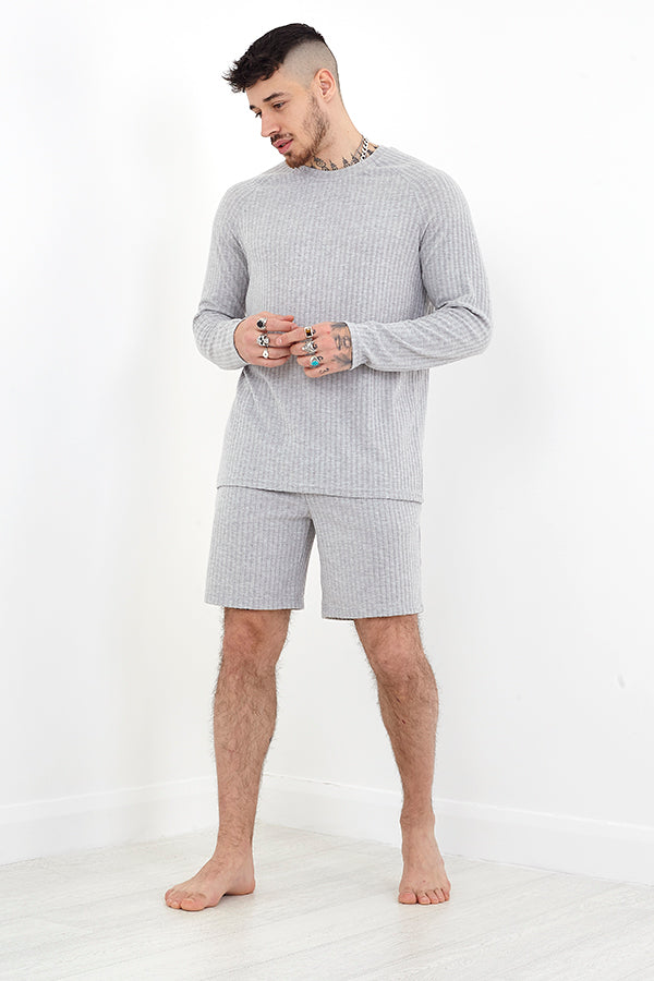 Grey Ribbed Long Sleeve T-Shirt And Shorts Lounge Set