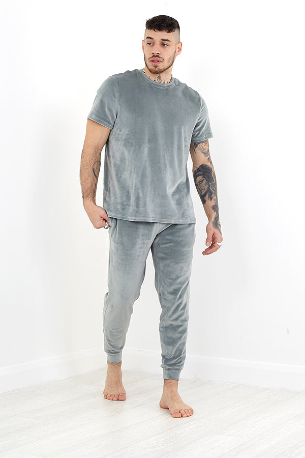 Blue-Grey Velour Crew T-Shirt And Trouser Lounge Set