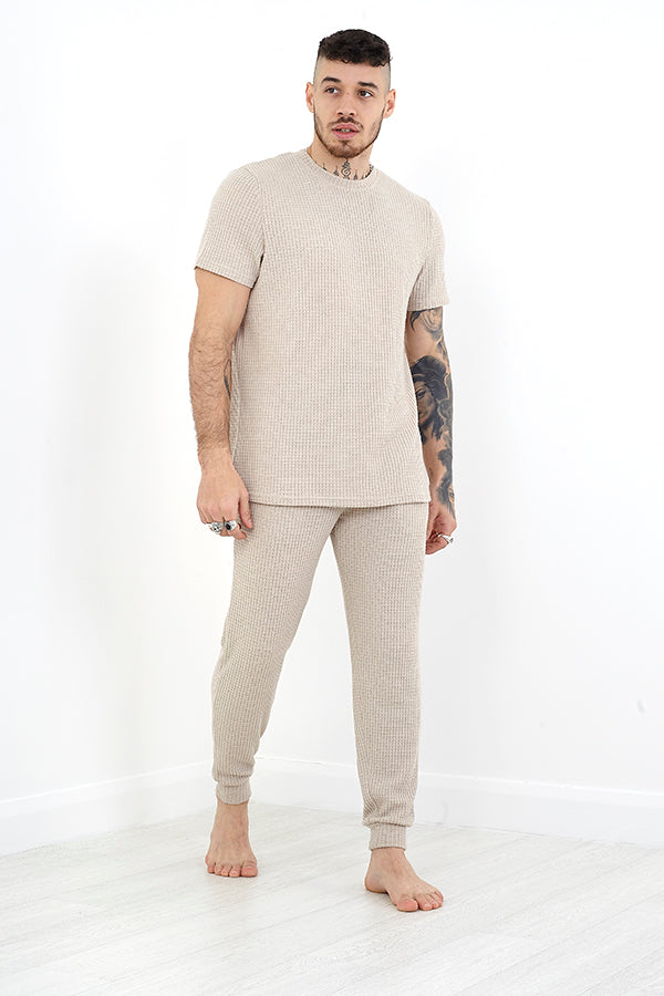 Beige Waffle Crew T-Shirt And Trouser Lounge Set