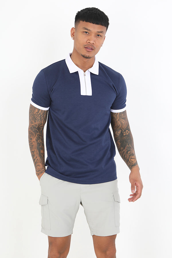 Contrast Trim Quarter Zip Short Sleeve Polo Shirt