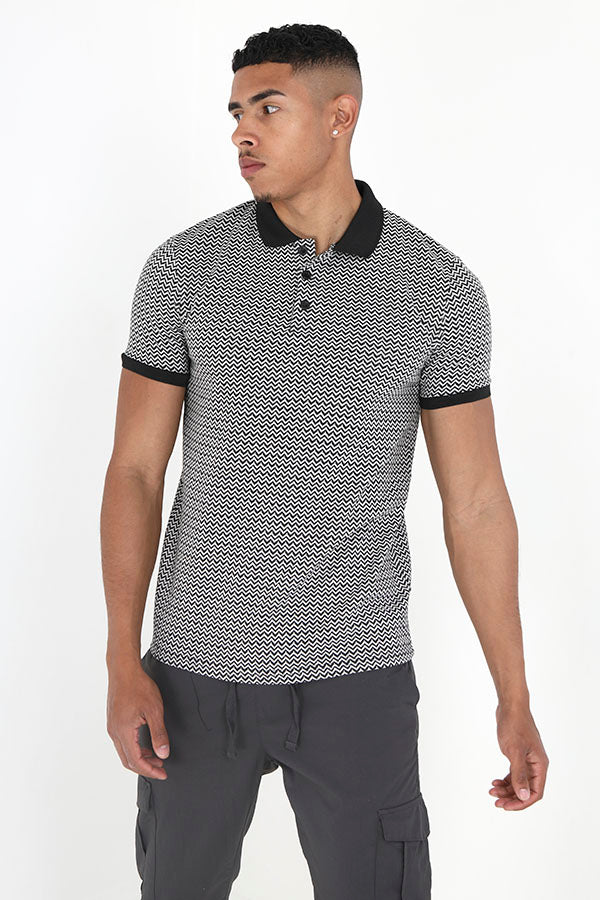 Black And White Zigzag Pattern Polo Shirt