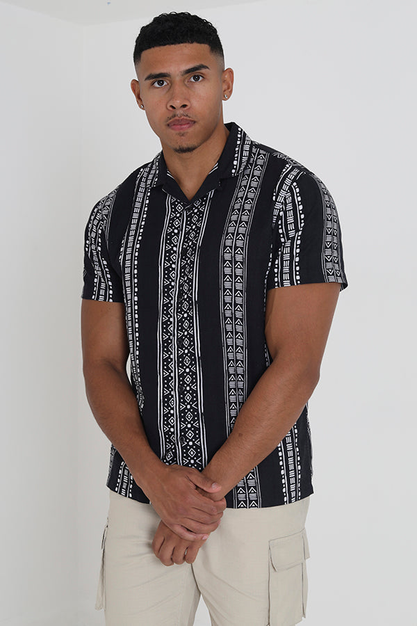 Black And White Stripe Print Short Sleeve Shirt