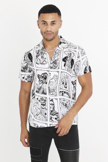 Optic White Skeleton Print Short Sleeve Shirt