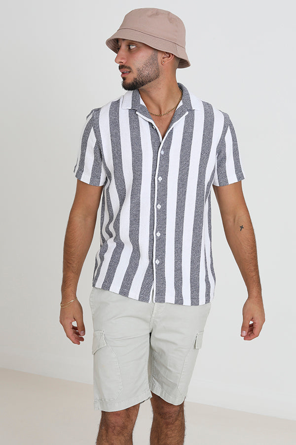 Vertical Striped Short Sleeved Revere Collar Shirt