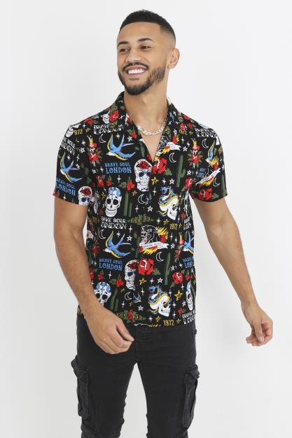 Black Desert Print Short Sleeve Button Through Shirt