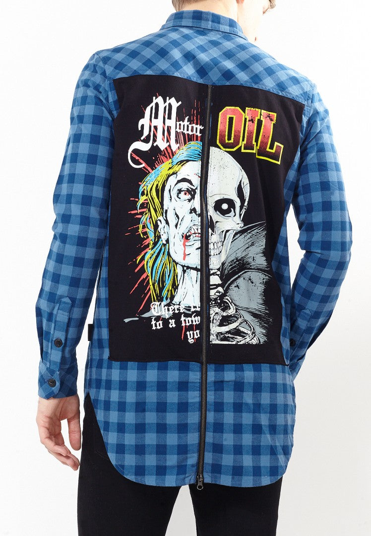 Motor Oil Zombie Print Long Sleeve Check Shirt