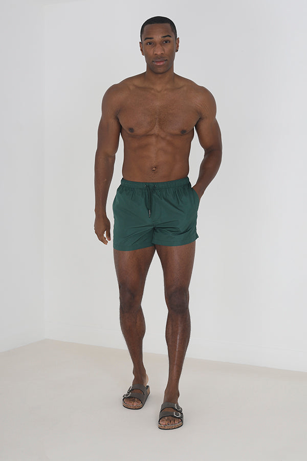 Solid Green Elasticated Waist Swimshorts