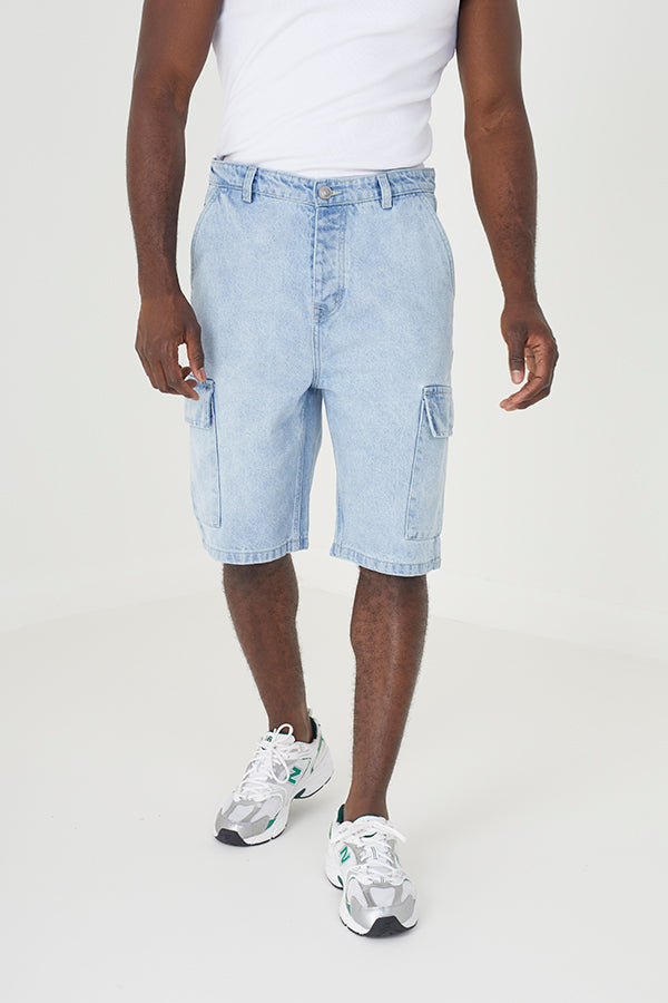 Loose Fit Denim Cargo Shorts X2 Cargo Pockets Button Waist