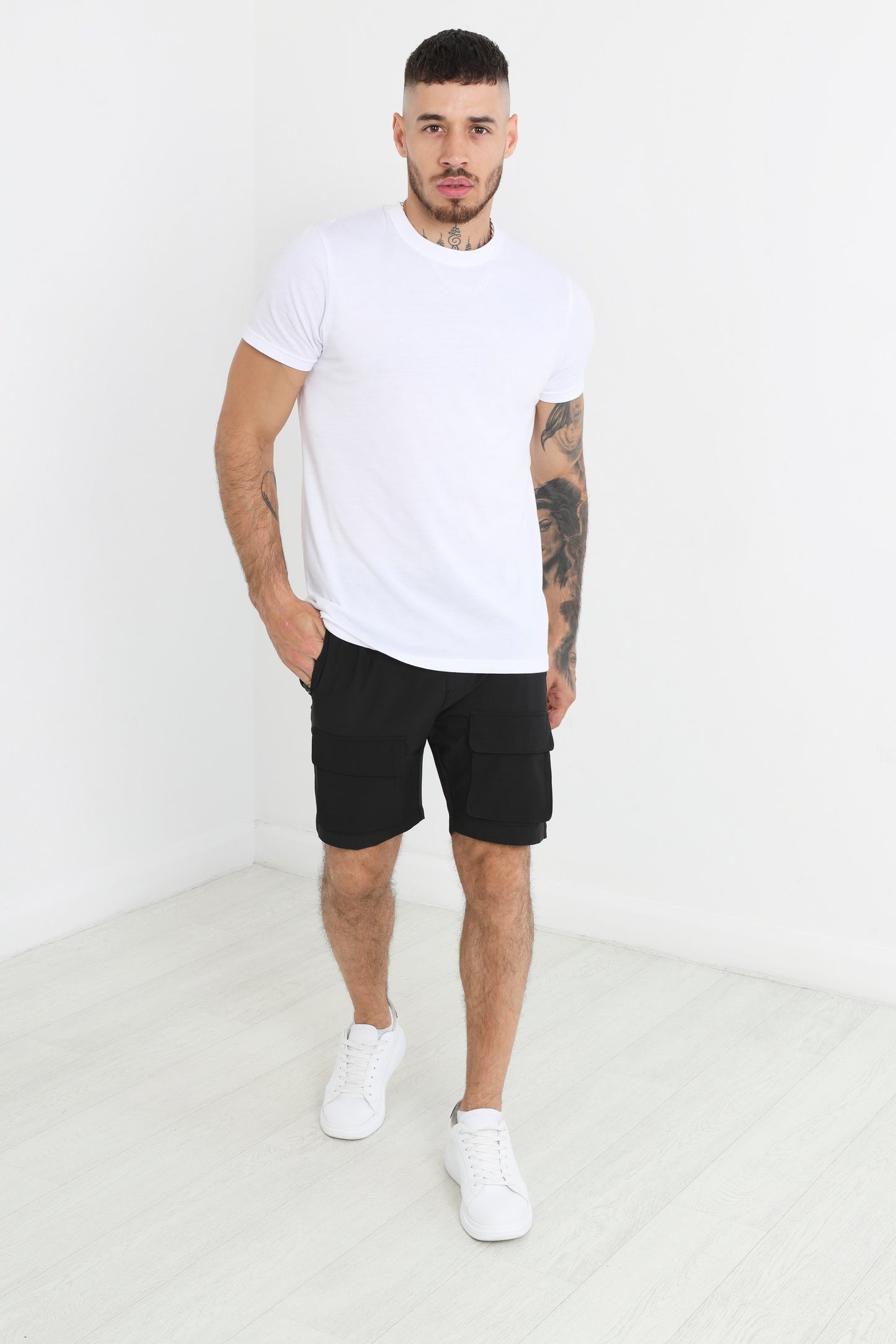 Black Front Velcro Pocket Cargo Shorts