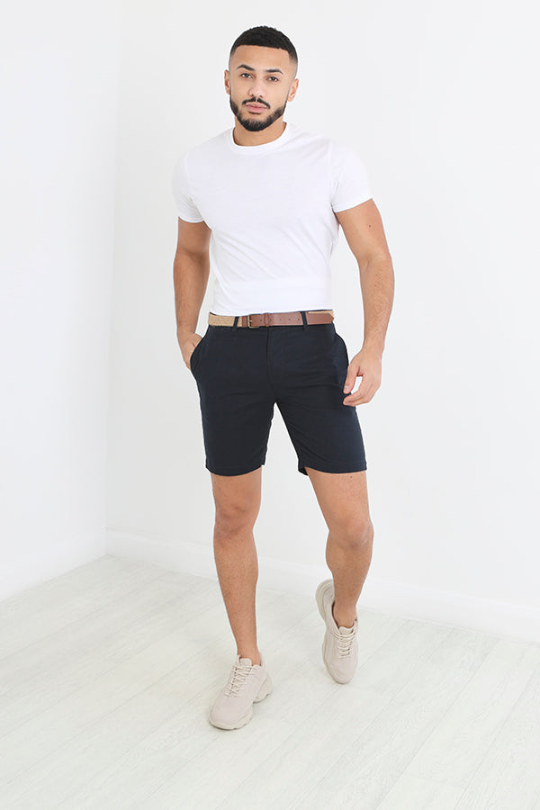 Solid Navy Belted Cotton Twill Shorts