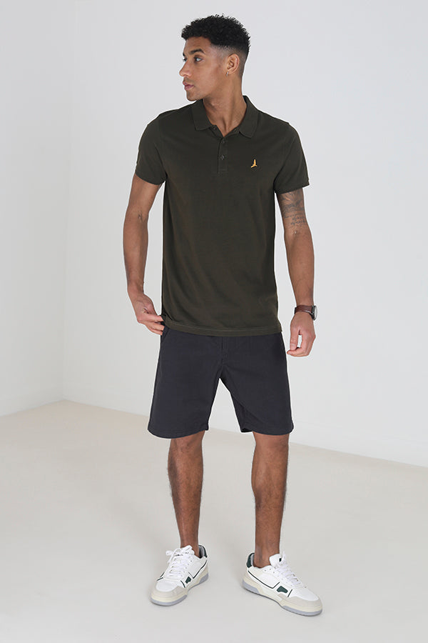 Solid Navy Button Waist Chino Style Shorts