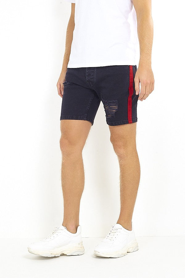 Ripped Leg Tape Detail Skinny Charcoal Denim Shorts