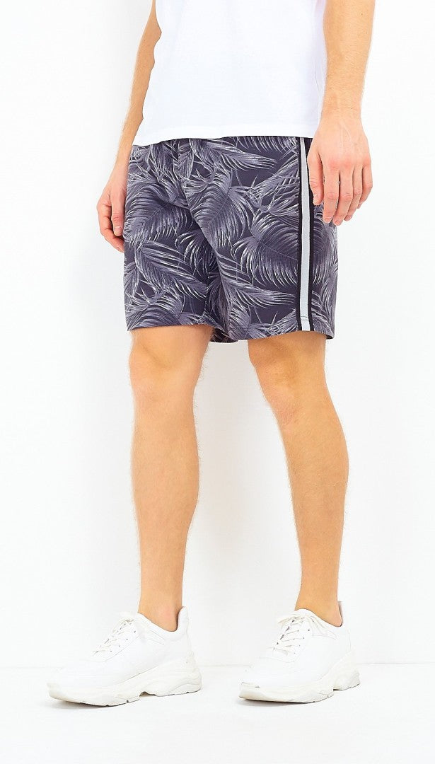 Palm Leaf Print Side Stripe Jersey Shorts