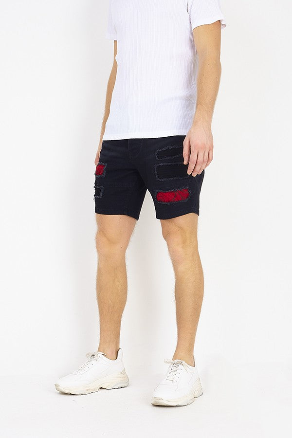 Charcoal Denim Shorts With Contrast Ripped Panels