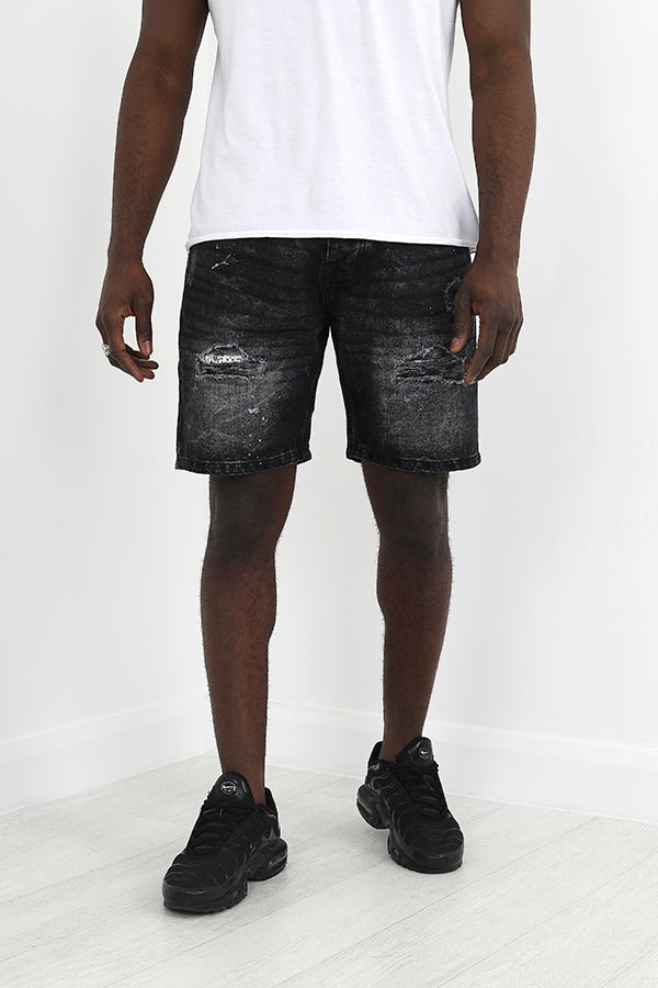 Charcoal Wash Ripped Detail Denim Shorts