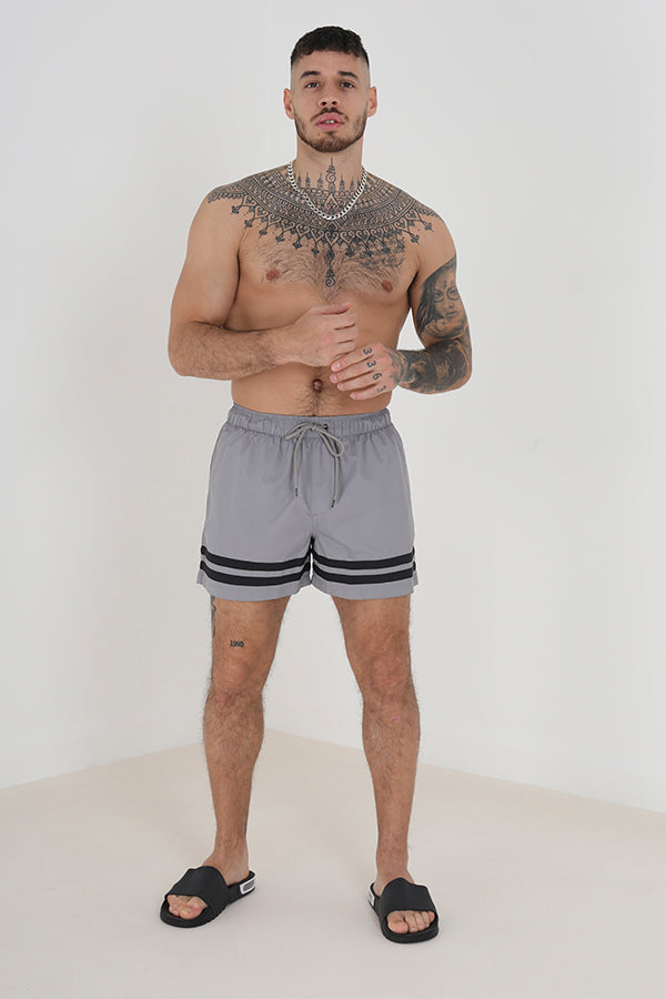 Grey Stripe Elasticated Waist Swim Shorts