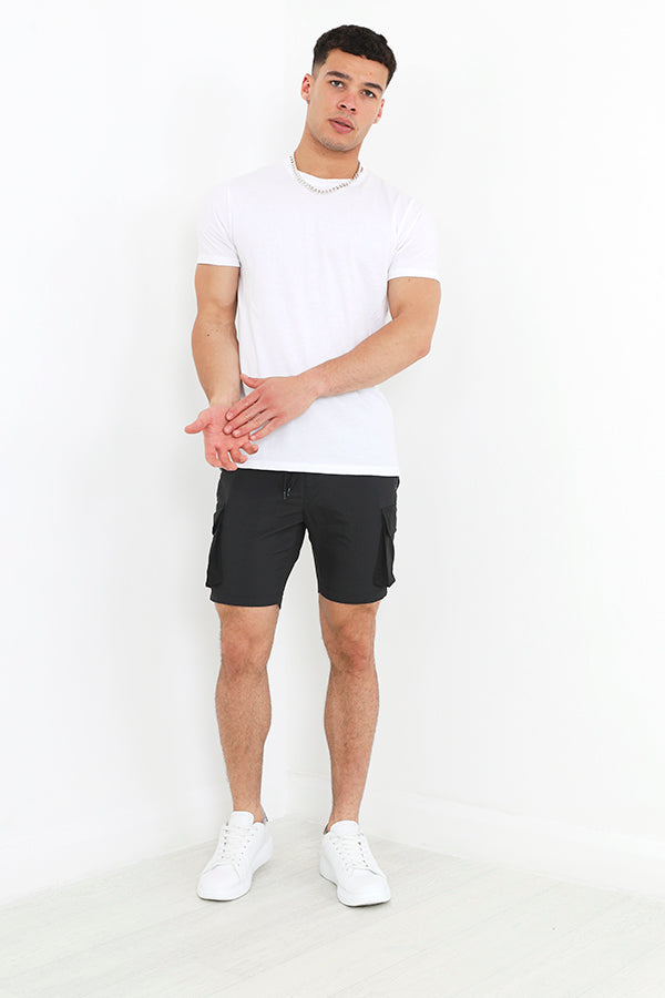 Black Utility Style Cargo Shorts With Zip Detail