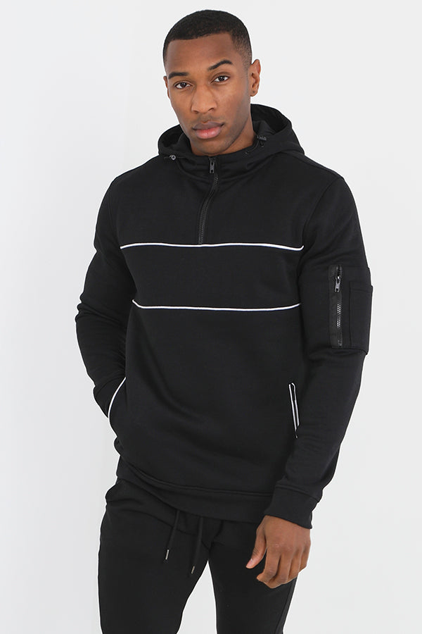Jet Black Panel Detail High Neck Quarter Zip Hoodie