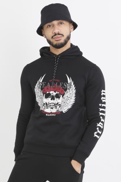 Jet Black Skull Chest Print Long Sleeve Hoodie