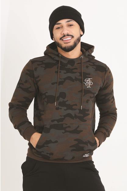 Olive Camouflage Embroidery Detail Drawstring Hoodie