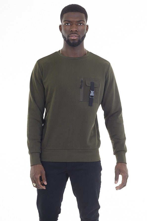 Zip Pocket Buckle Detail Crew Neck Sweatshirt