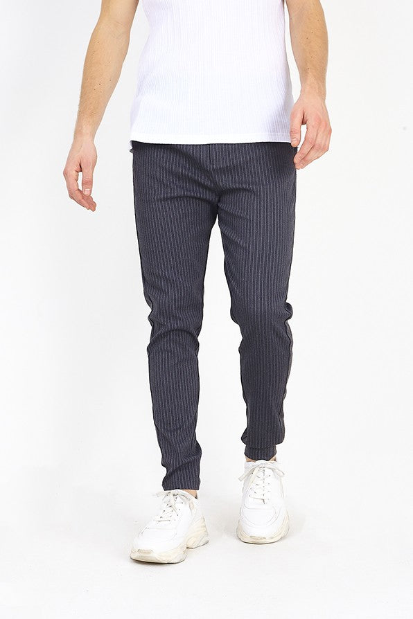 Grey Pinstripe Trousers With Drawstring Waist